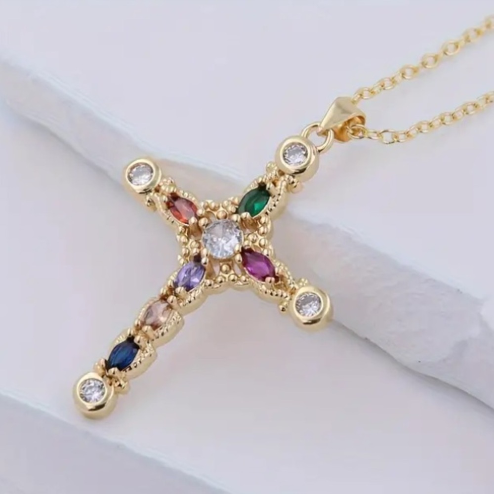 Diamond Ruby Emerald Sapphire Amethyst Citrine Religious Cross Necklace - Picture 1 of 1